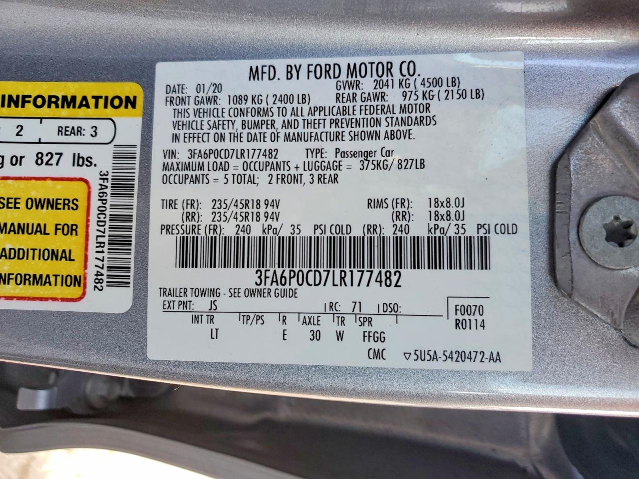 2020 FORD FUSION SEL photo 12