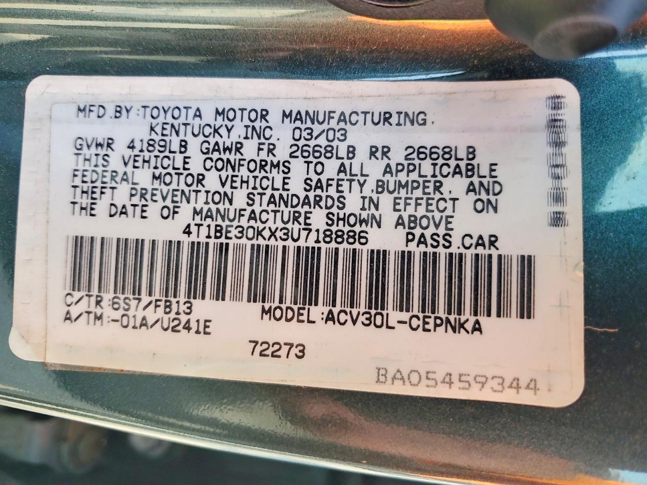 2003 TOYOTA CAMRY LE photo 23