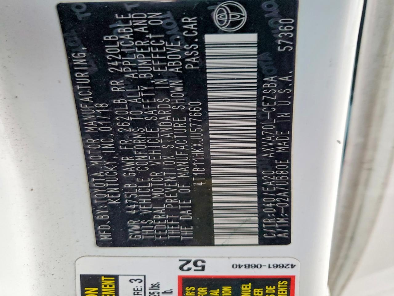 2018 TOYOTA CAMRY L photo 12