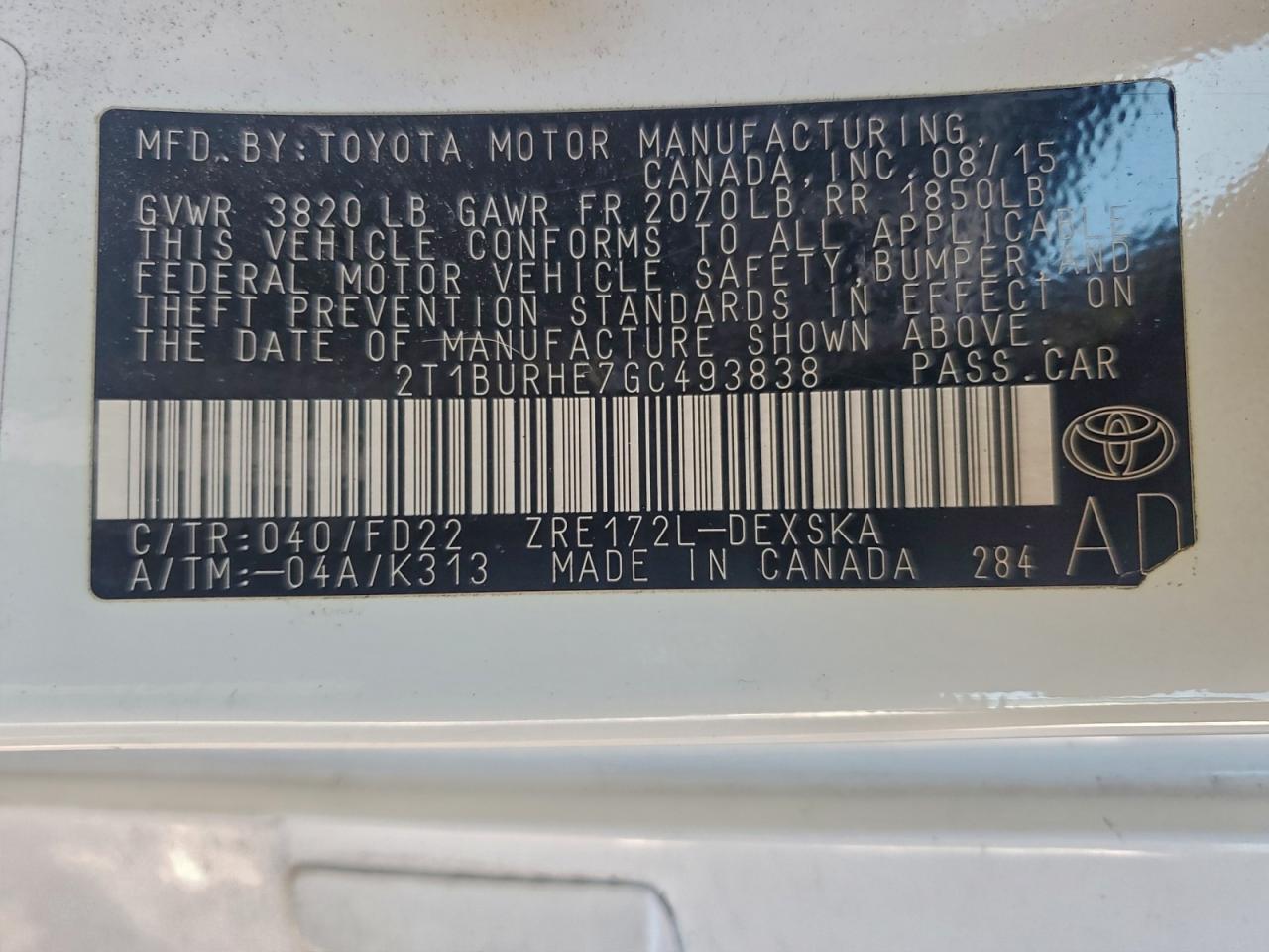 2016 TOYOTA COROLLA L photo 12