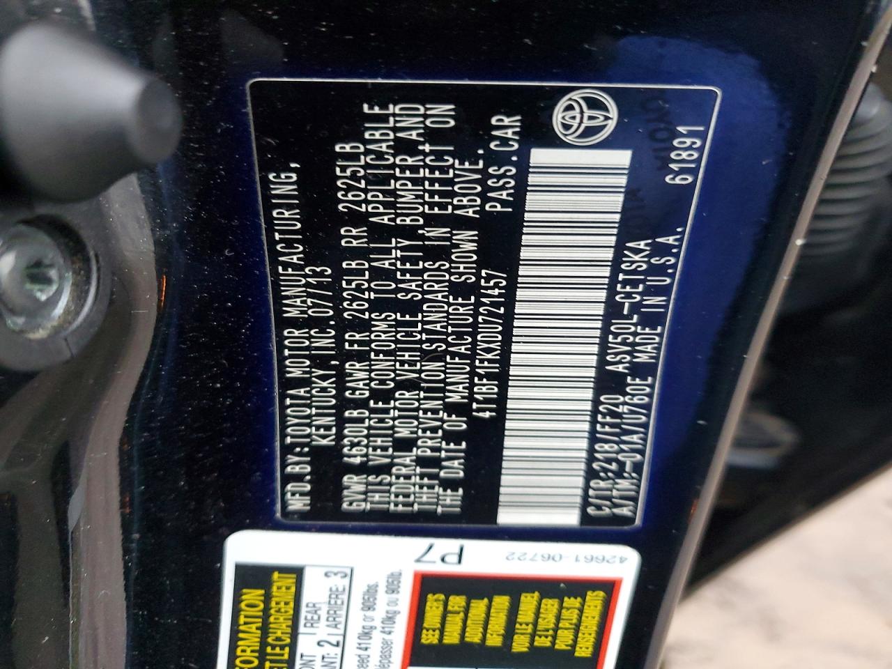 2013 TOYOTA CAMRY L photo 12