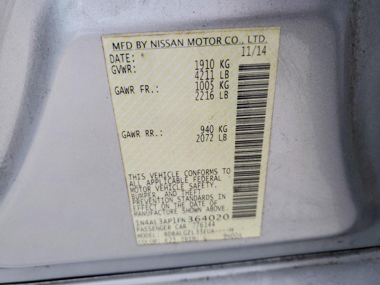 2015 NISSAN ALTIMA 2.5 photo 13