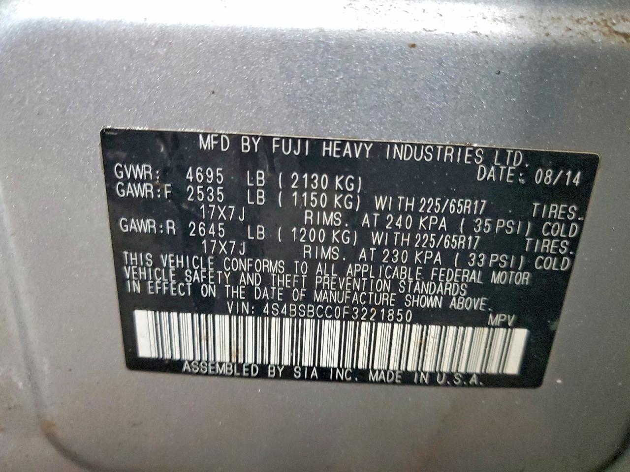 2015 SUBARU OUTBACK 2.5I PREMIUM photo 13