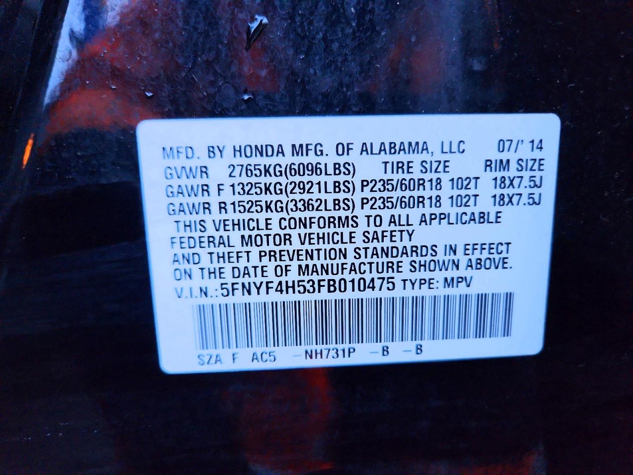 2015 HONDA PILOT EXL photo 13