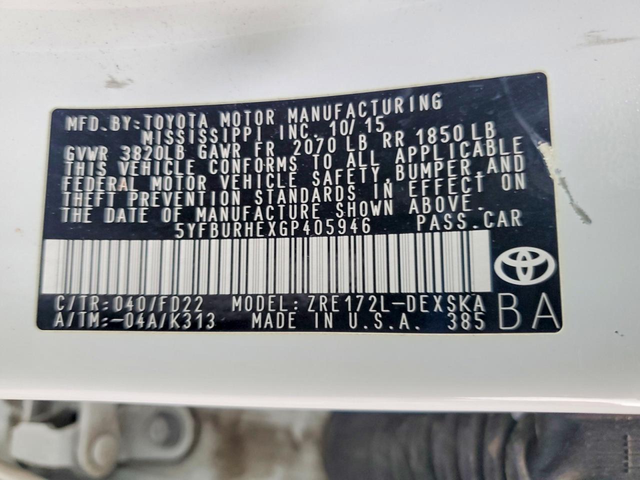 2016 TOYOTA COROLLA L photo 34