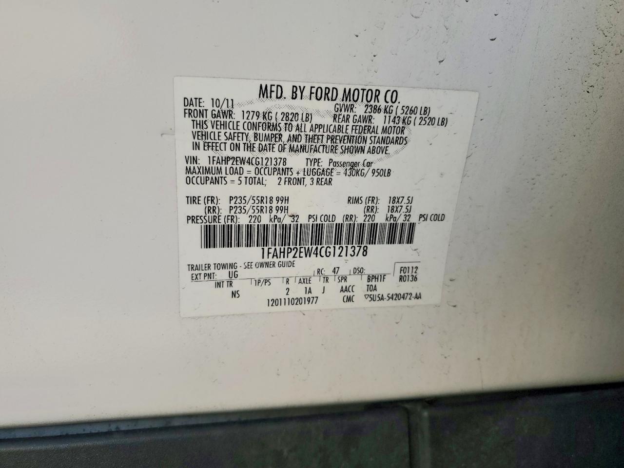 2012 FORD TAURUS SEL photo 12