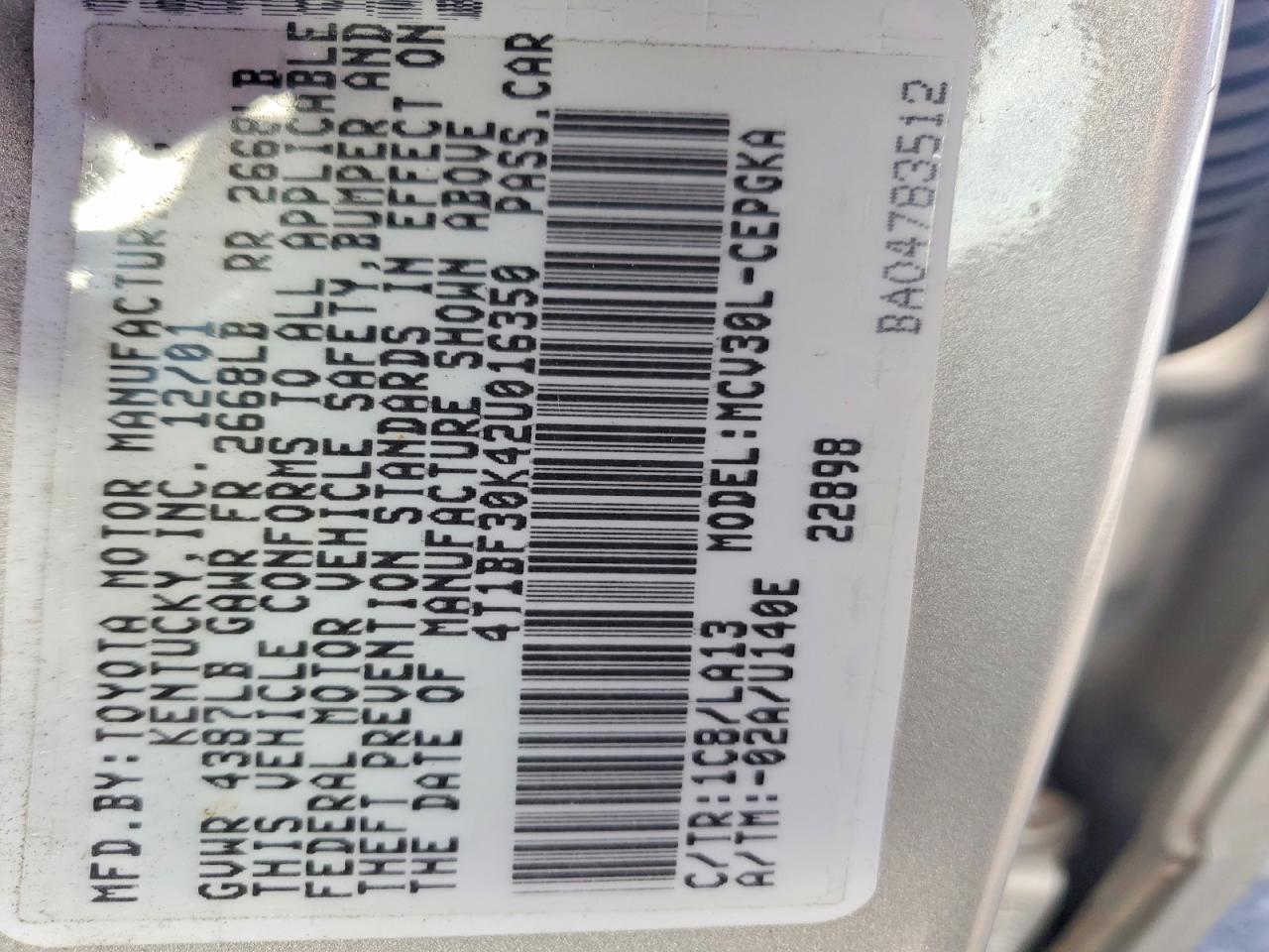 2002 TOYOTA CAMRY LE photo 12