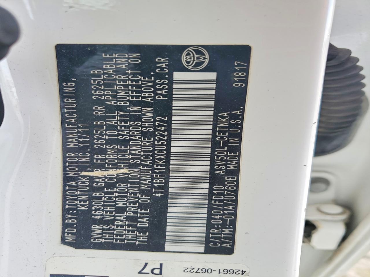 2012 TOYOTA CAMRY BASE photo 12