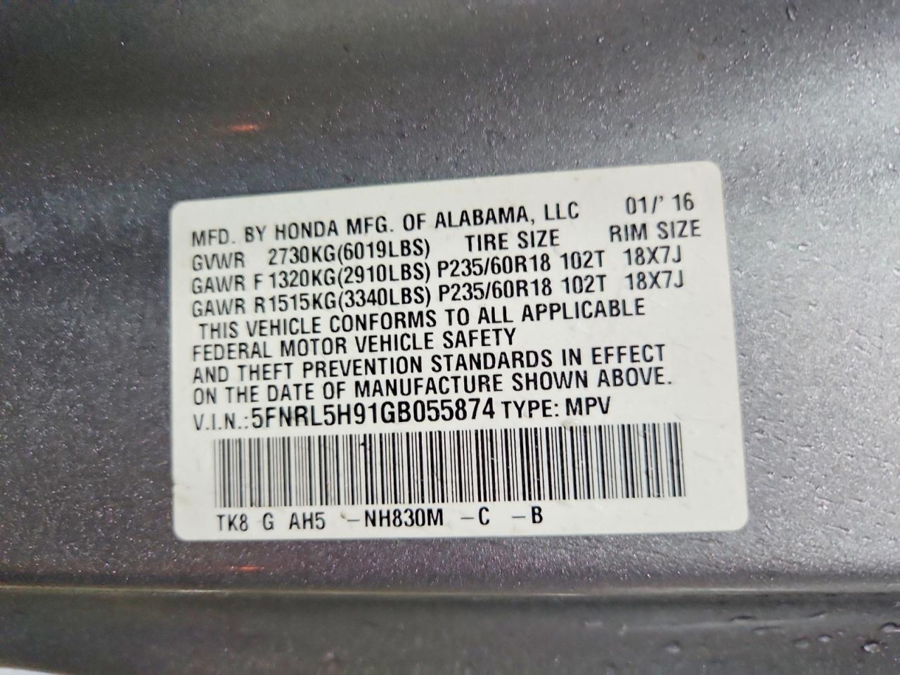 2016 HONDA ODYSSEY TOURING photo 14