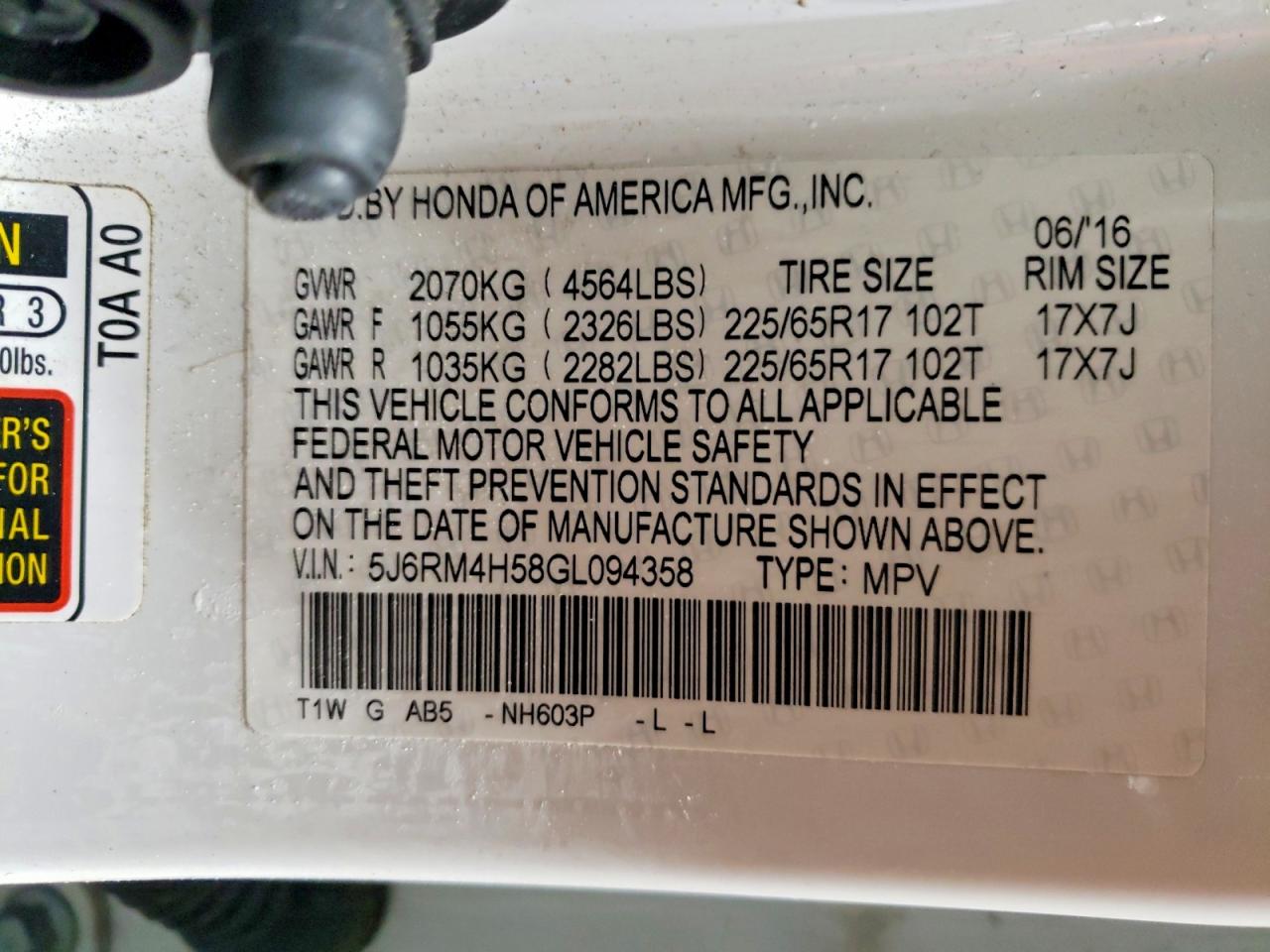 2016 HONDA CR-V EX photo 14