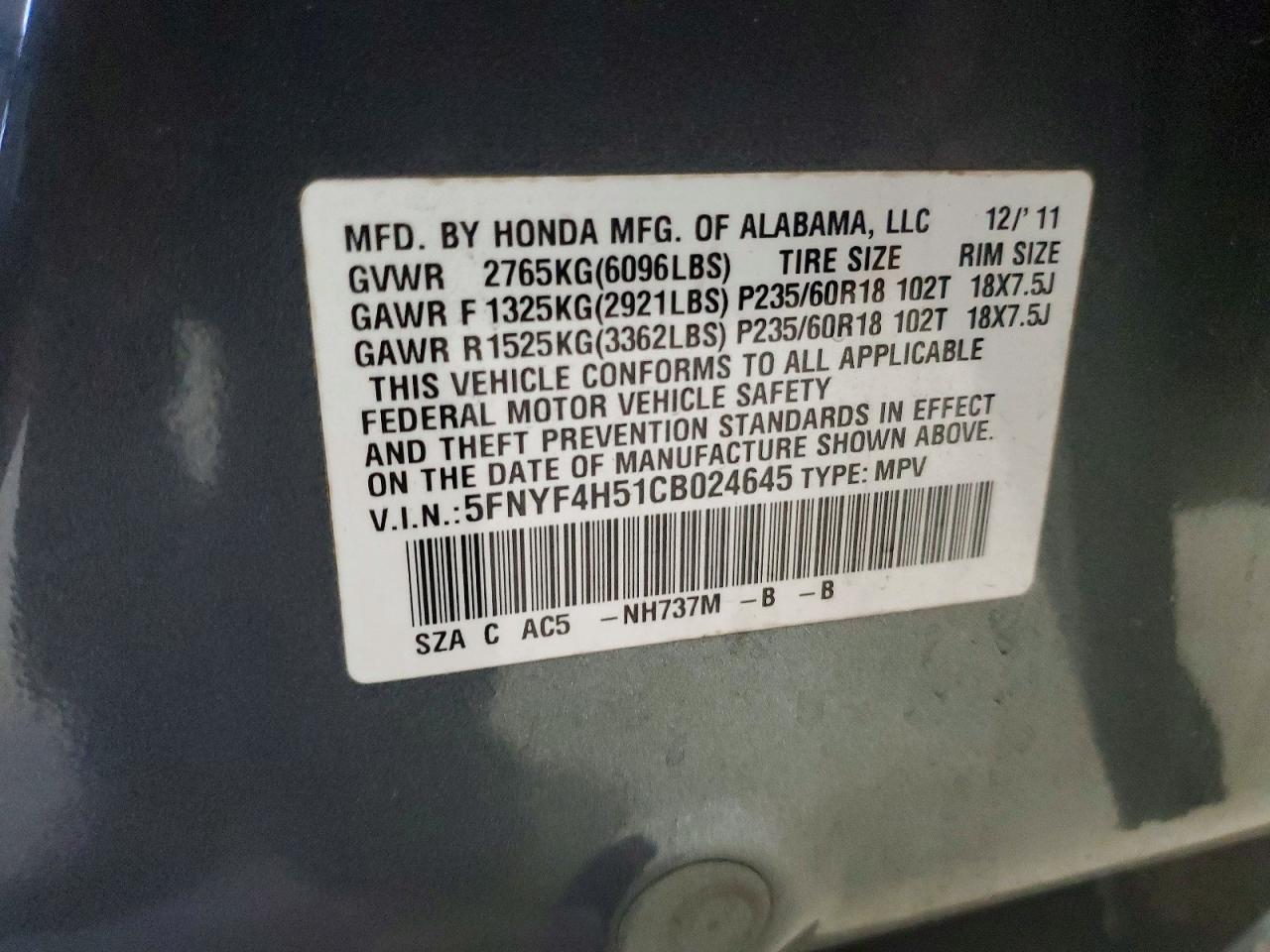 2012 HONDA PILOT EXL photo 13