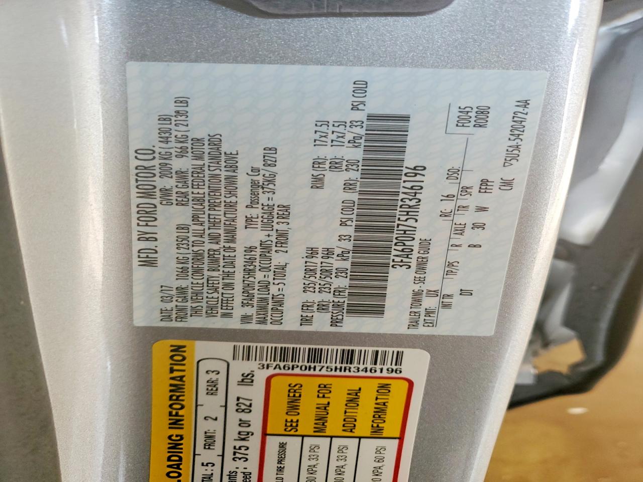 2017 FORD FUSION SE photo 12
