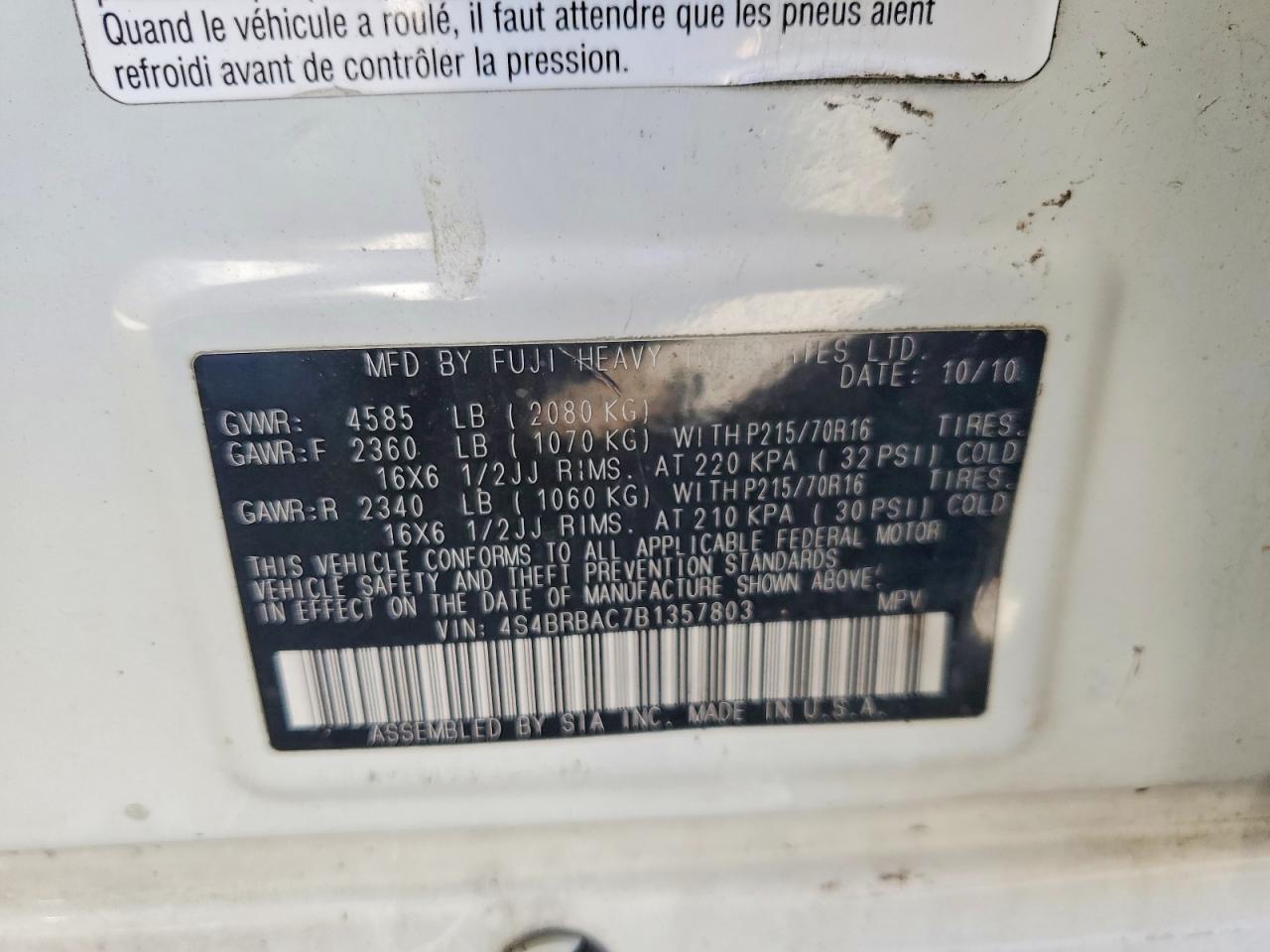 2011 SUBARU OUTBACK 2.5I photo 12