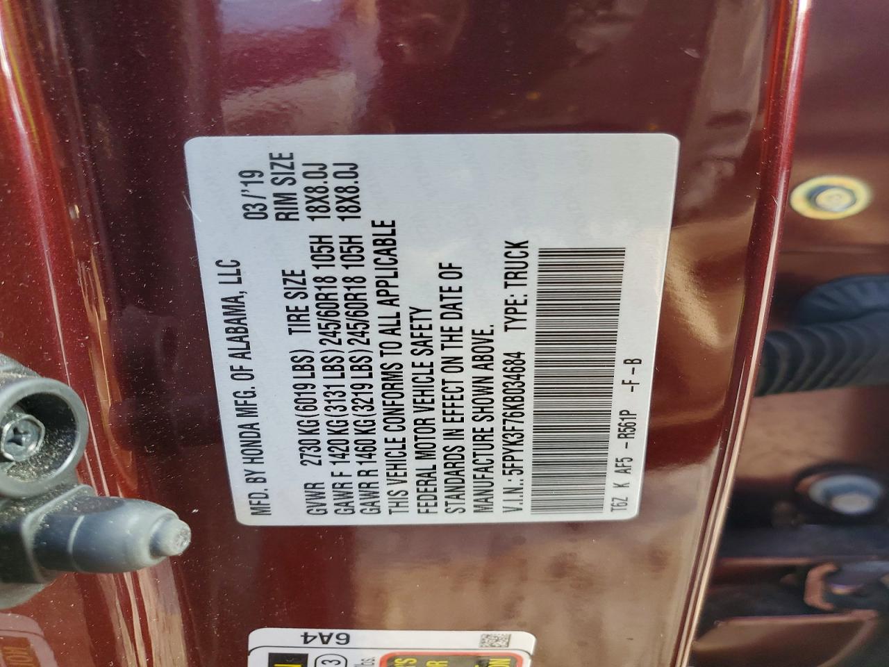 2019 HONDA RIDGELINE RTL photo 23