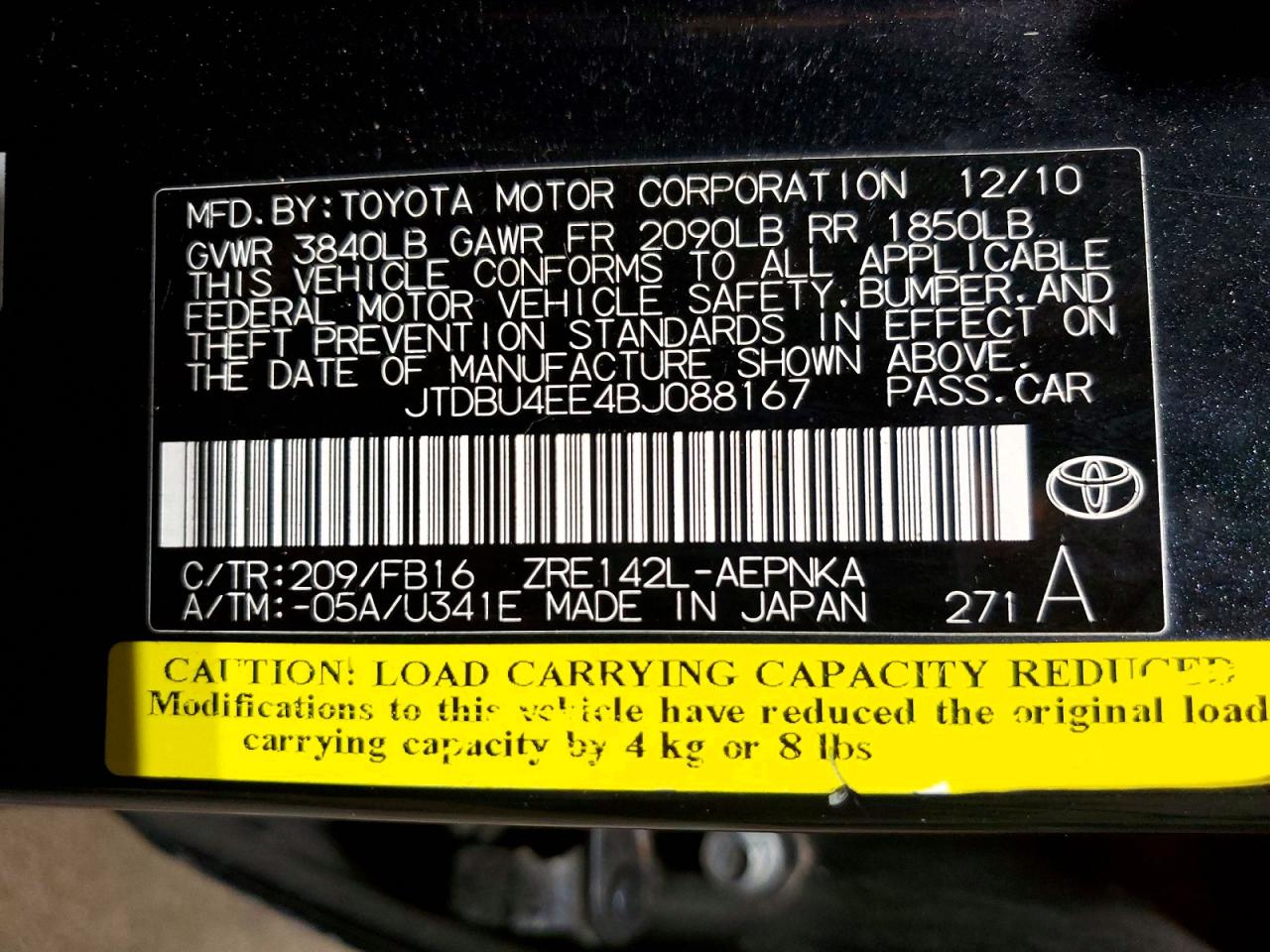 2011 TOYOTA COROLLA BASE photo 12