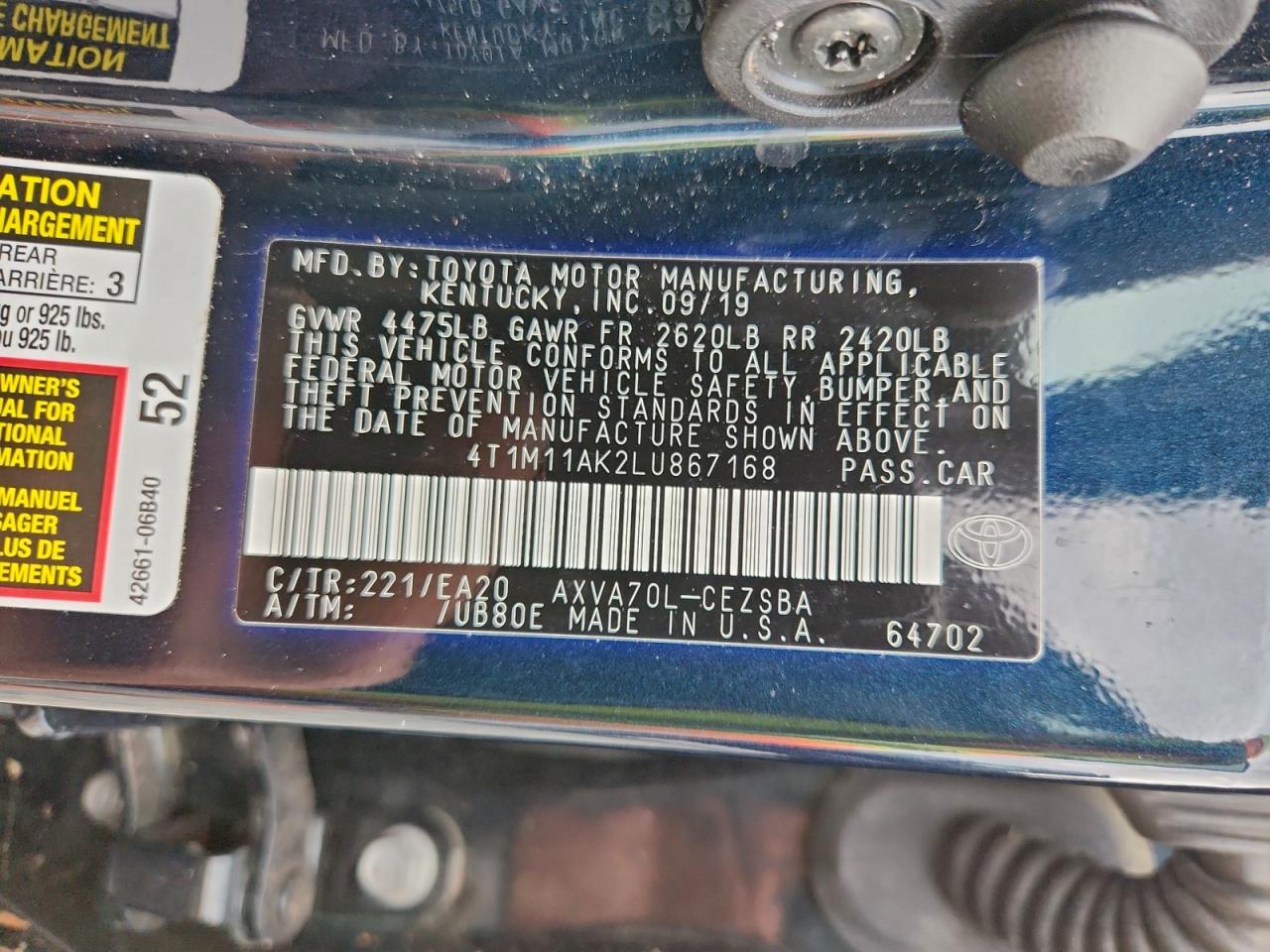 2020 TOYOTA CAMRY SE photo 12