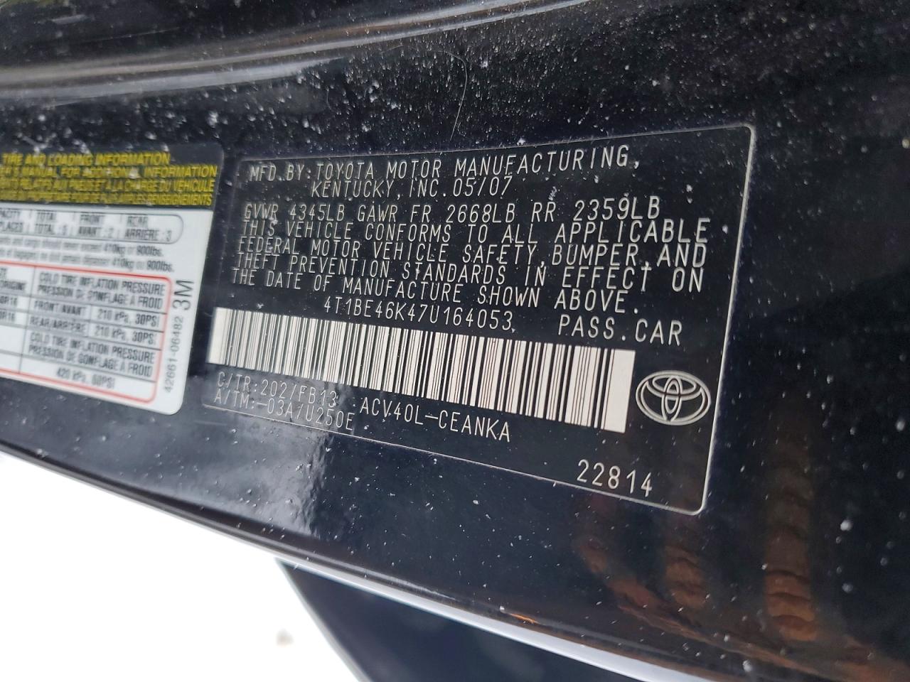 2007 TOYOTA CAMRY CE photo 12