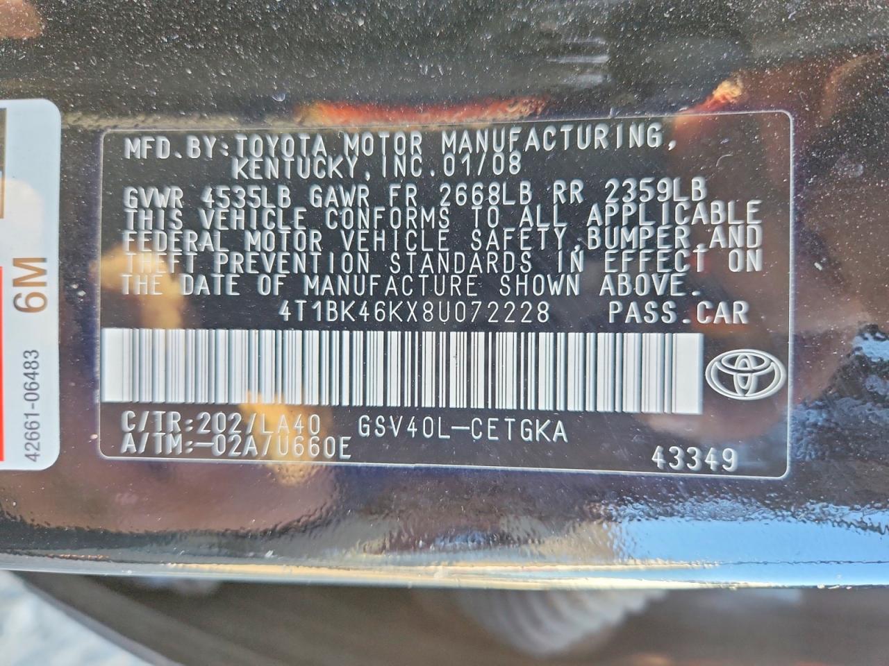 2008 TOYOTA CAMRY LE photo 12