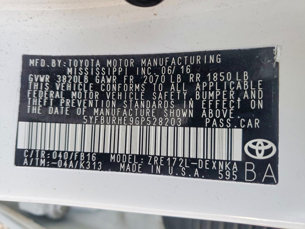 2016 TOYOTA COROLLA L photo 12