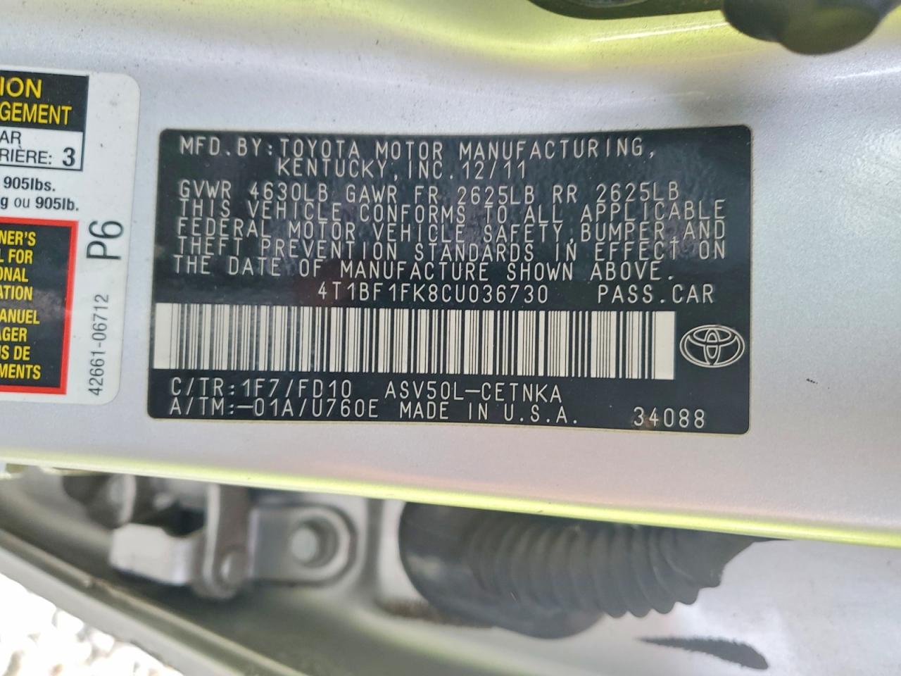 2012 TOYOTA CAMRY BASE photo 12