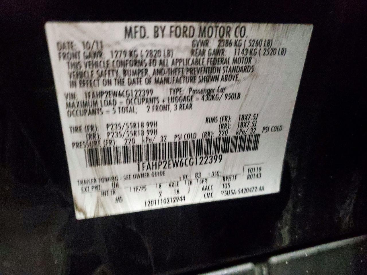 2012 FORD TAURUS SEL photo 12