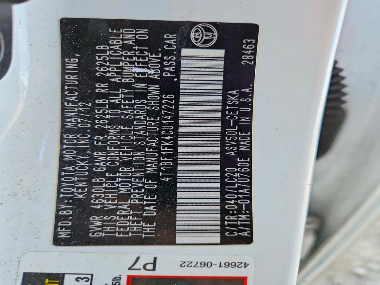 2012 TOYOTA CAMRY BASE photo 12