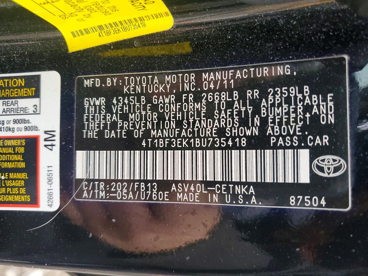 2011 TOYOTA CAMRY BASE photo 12