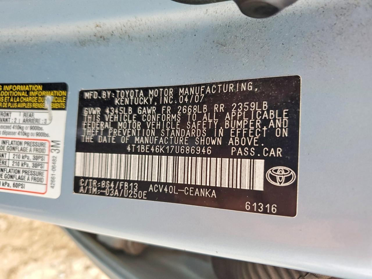 2007 TOYOTA CAMRY CE photo 12