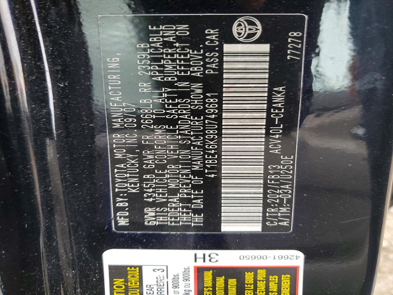 2008 TOYOTA CAMRY CE photo 12