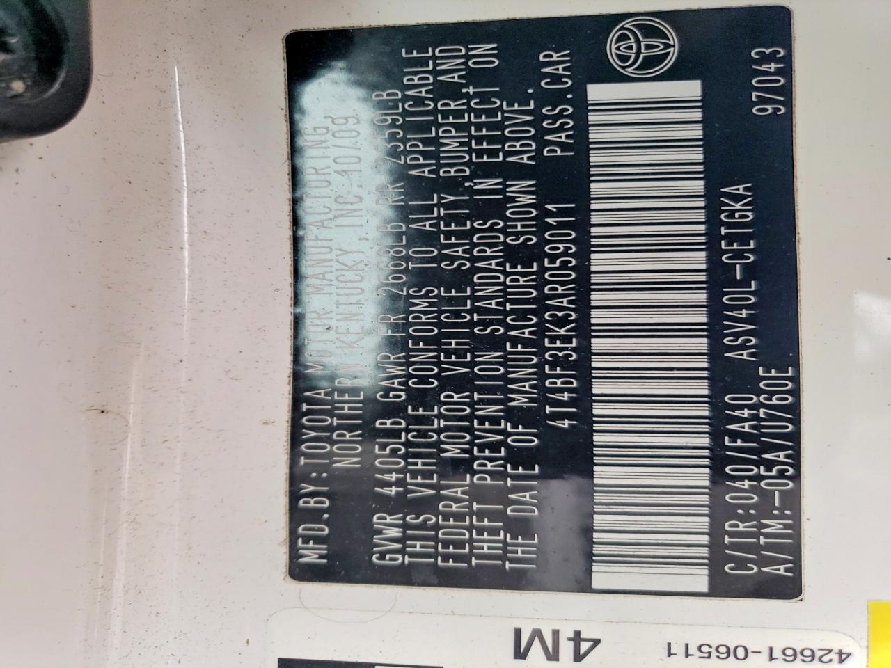 2010 TOYOTA CAMRY BASE photo 12