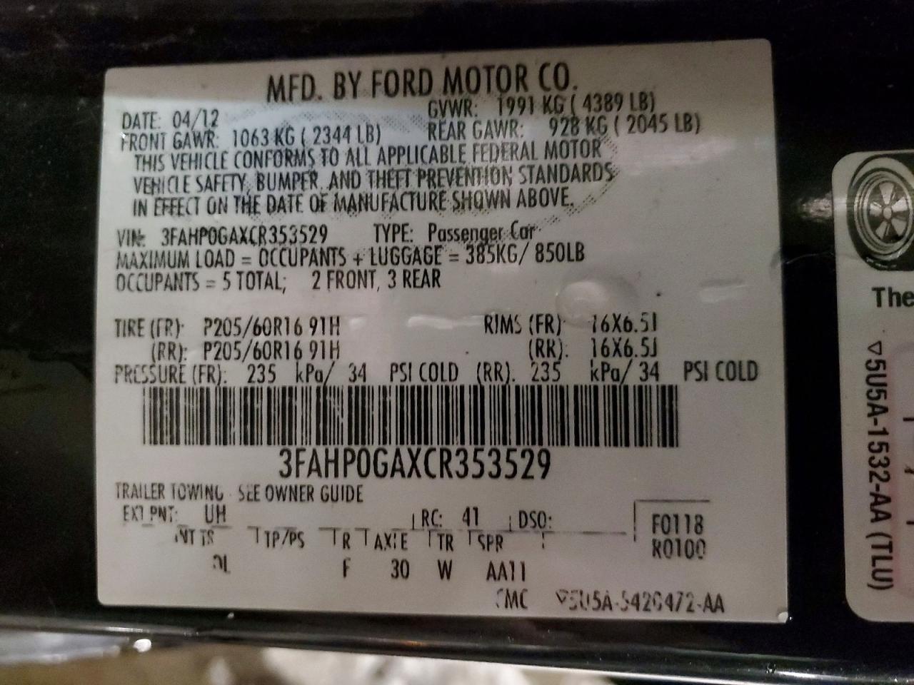2012 FORD FUSION S photo 12