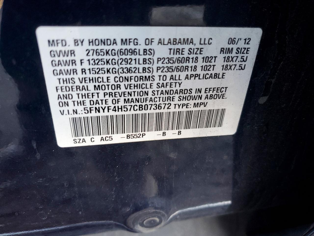 2012 HONDA PILOT EXL photo 13