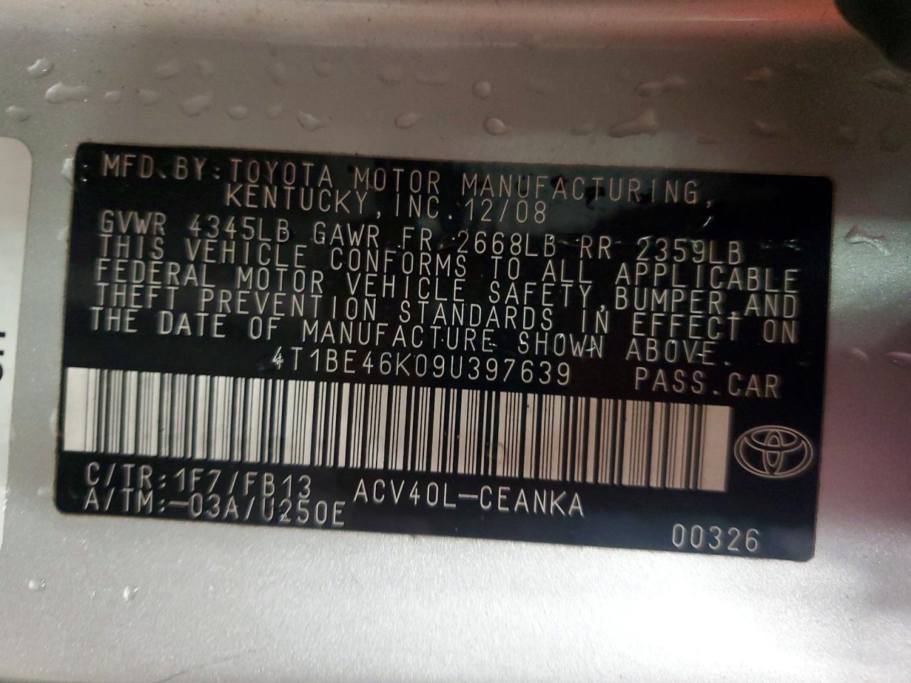 2009 TOYOTA CAMRY BASE photo 12