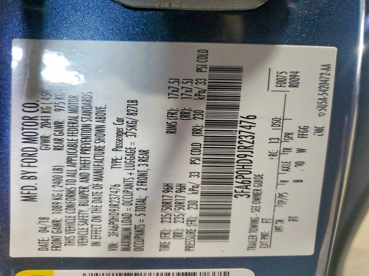 2018 FORD FUSION SE photo 12