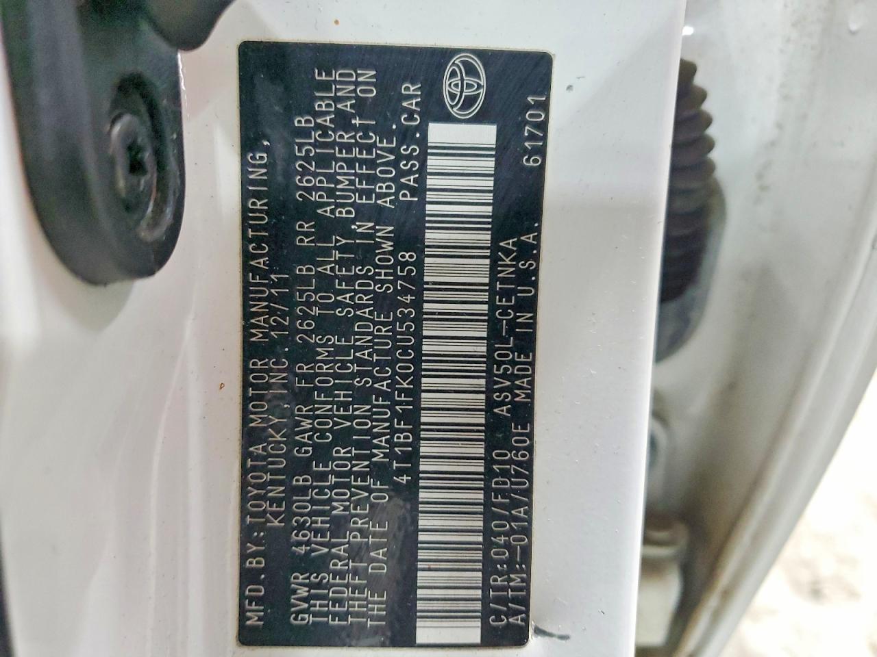 2012 TOYOTA CAMRY BASE photo 13