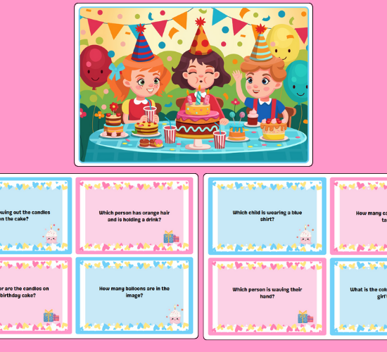 Birthday Party Scene and Question Cards