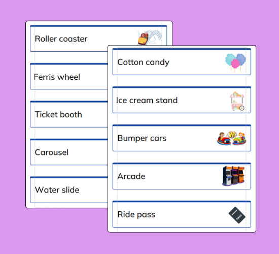 Theme Park Word Cards