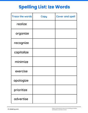 Spelling List Ize Words