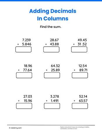 Adding Decimals in Columns (1 Digit) Grade 5