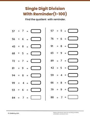 Single Digit Division with Reminder 1 to100