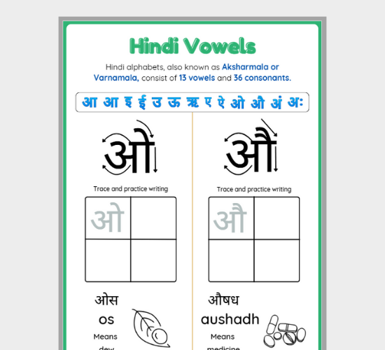 Tracing Hindi Vowels O, Au