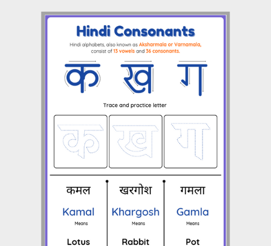 Hindi Consonants Practice: Trace and Learn ka, kha and ga
