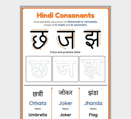Hindi Consonants Practice: Trace and Learn chha, ja and jha