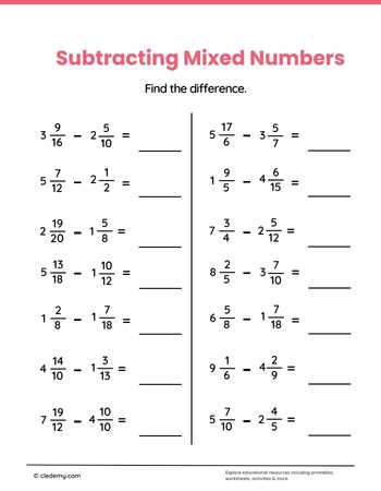 Mixed Numbers Subtraction Practice