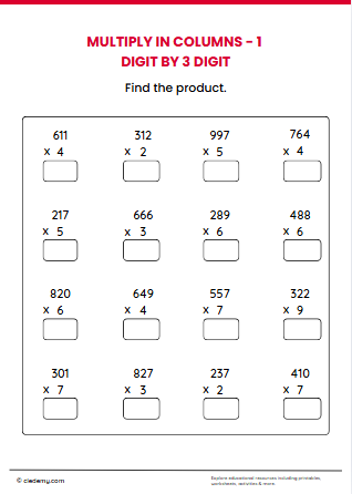 Multiply in Columns-1 Digit by 3 Digit