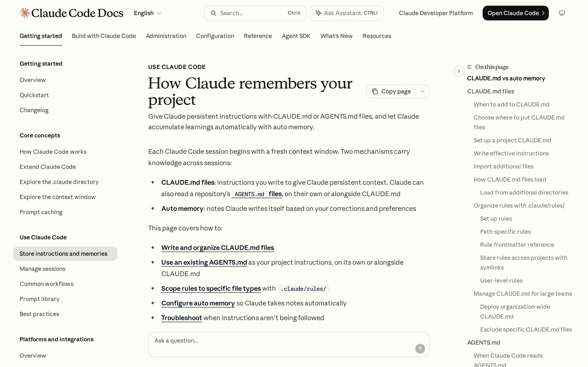 Claude Code's documentation describes persistent CLAUDE.md instructions and scoped rules.
