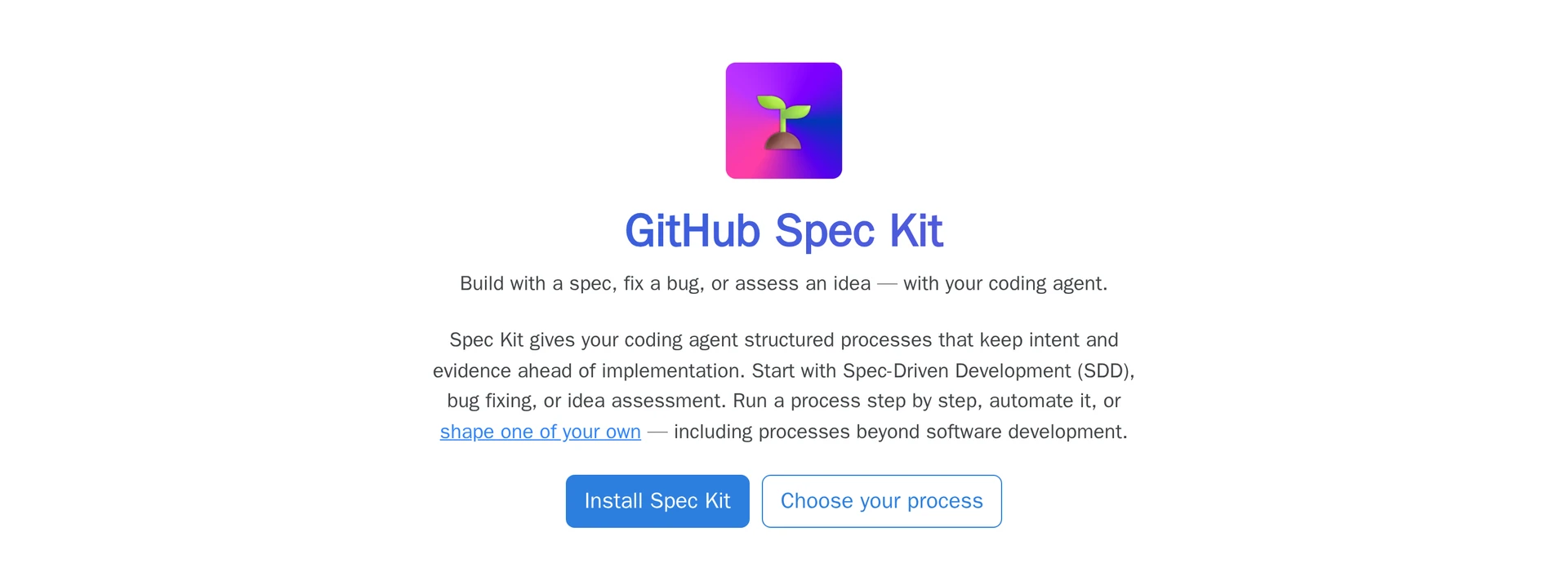 GitHub Spec Kit's official landing page introduces its coding-agent processes.