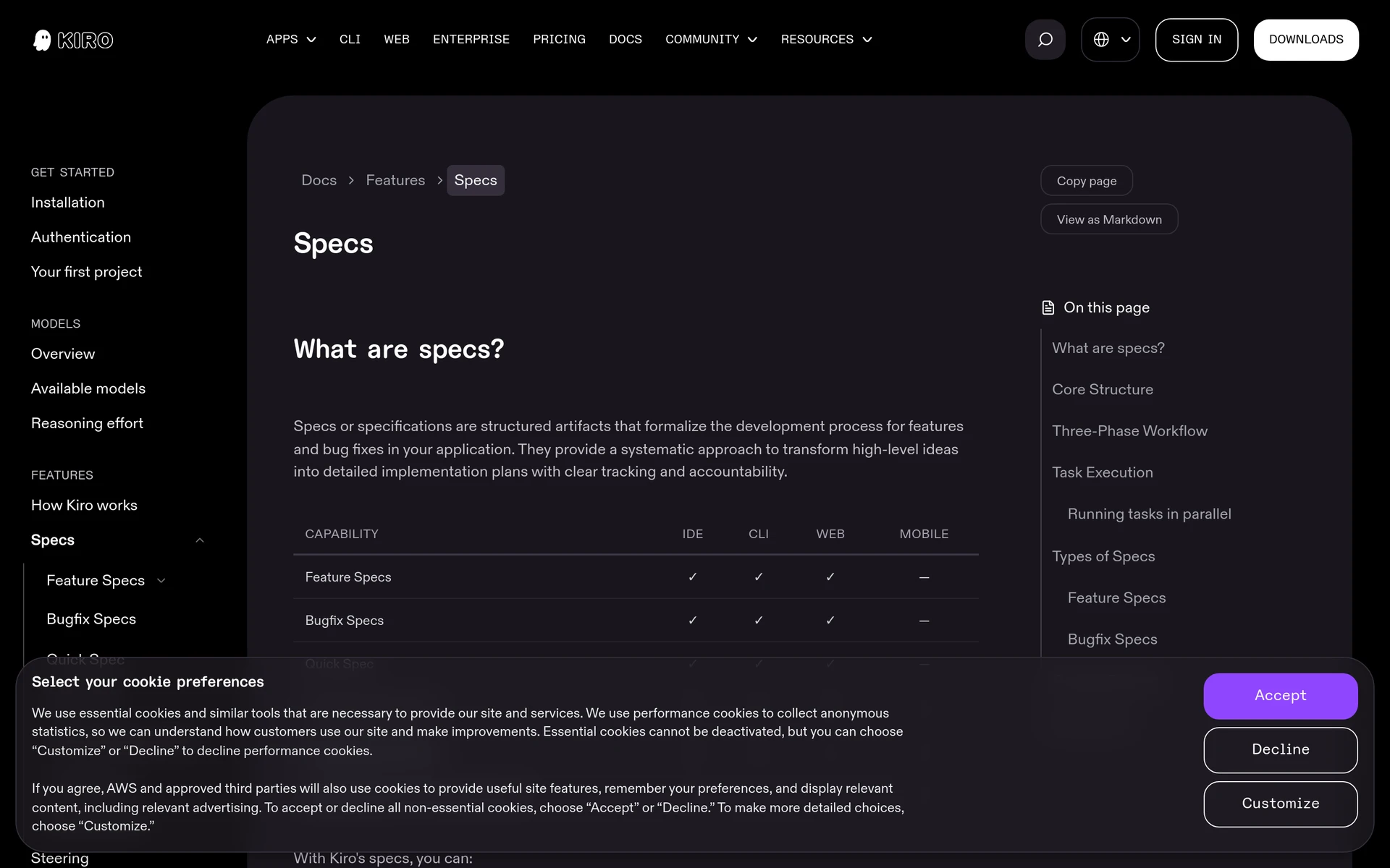 Kiro's specs documentation lists supported spec types and development surfaces.