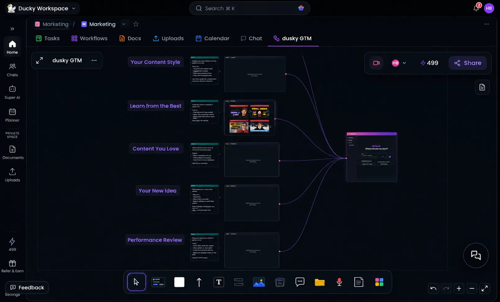 Dusky GTM canvas with linked content nodes