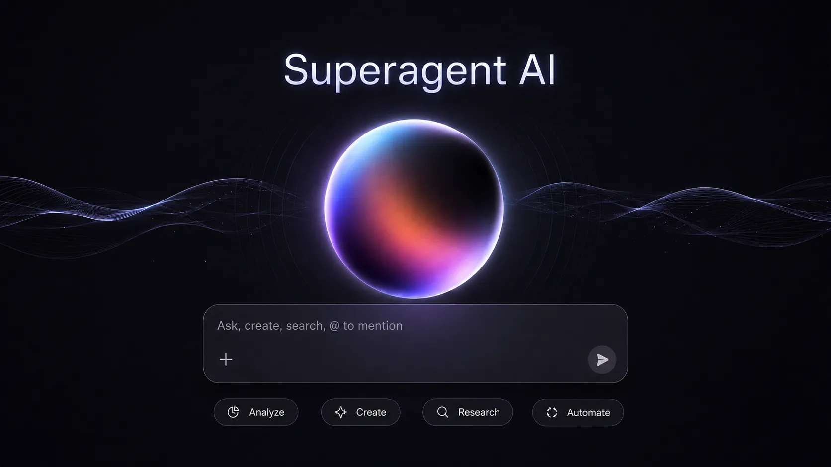 Superagent AI command surface with an Ask, create, search prompt bar